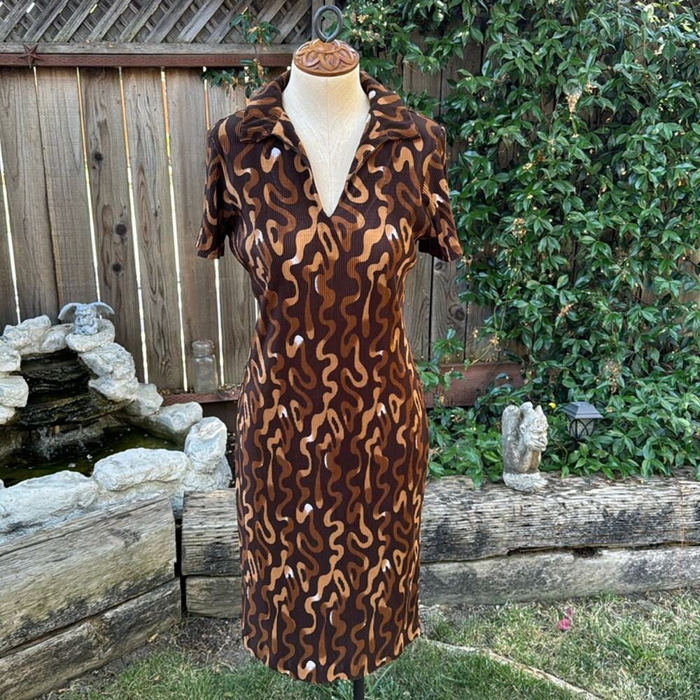 Vintage Darian Short Sleeve Brown Cooper Collared Retro Boho Dress Women's Sze 8